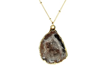 Geode necklace - druzy necklace - raw crystal necklace - sparkly crystal pendant, a gold lined geode cave on 14k gold filled satellite chain