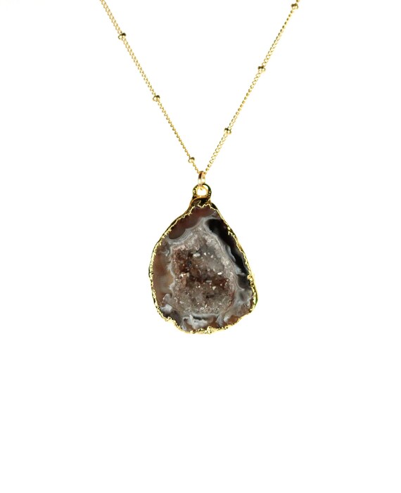 Geode necklace - druzy necklace - raw crystal necklace - sparkly crystal pendant, a gold lined geode cave on 14k gold filled satellite chain