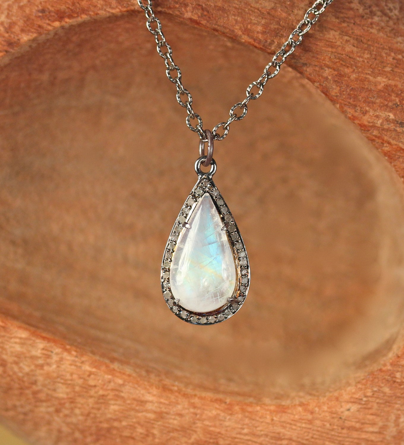 Moonstone and diamond necklace diamond teardrop necklace Etsy