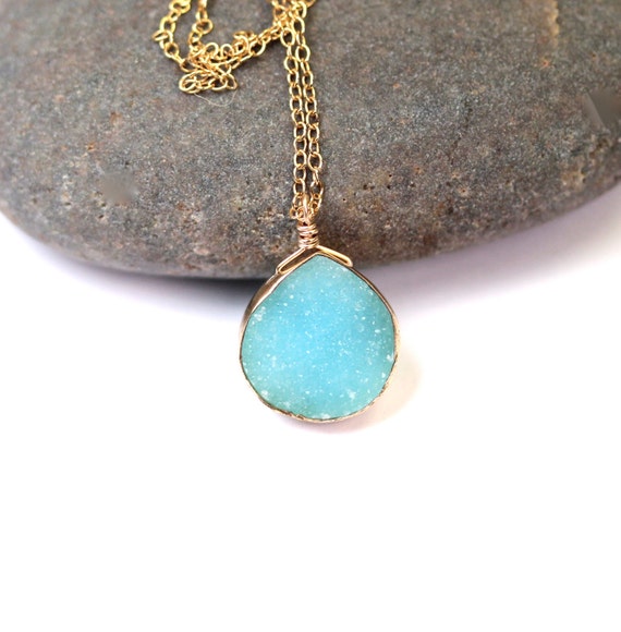 Blue crystal necklace, druzy necklace, gold drop necklace, raw crystal necklace, boho necklace, a sky blue druzy on a 14k gold filled chain