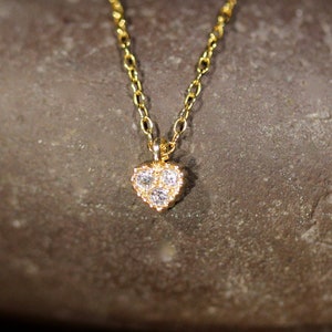 Tiny Crystal Necklace, Tiny Heart Pendant, Dainty CZ Necklace ...