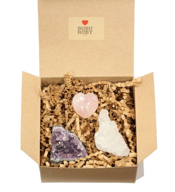 Rose quartz heart gift set, healing crystal gift box, raw amethyst, quartz crystal, gift for her, set of healing stones, chakra stones