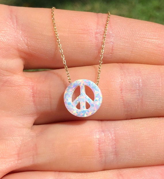 Peace sign necklace on a 14k gold filled chain, opal peace symbol, flashy peace necklace, opal jewelry, gift for her