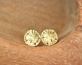 Sand dollar earrings - stud earrings - sand dollar studs - a mighty cute pair of golden brass sand dollar stud earrings