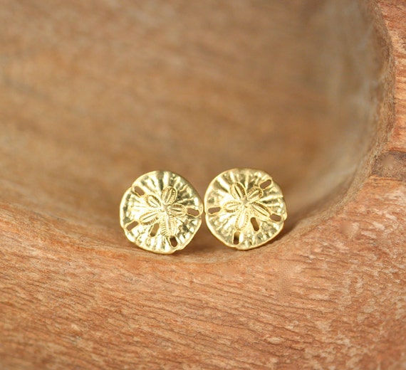 Sand dollar earrings - stud earrings - sand dollar studs - a mighty cute pair of golden brass sand dollar stud earrings