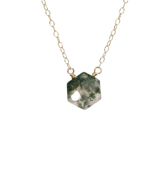 Moss agate necklace, hexagon necklace, rutilated green quartz, healing crystal pendant, green mossy quartz on a 14k gold filled chain