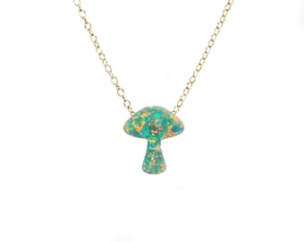 Mushroom Necklace, Green Opal Pendant, truffle fungi on a dainty 14K Gold Filled Chain