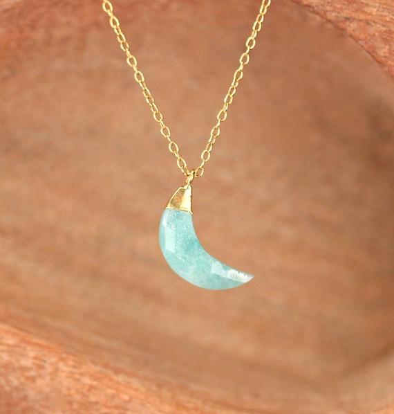 Crystal moon necklace, Amazonite necklace, moon pendant, crescent moon jewelry, half moon crystal, green crystal moon, 14k gold filled chain
