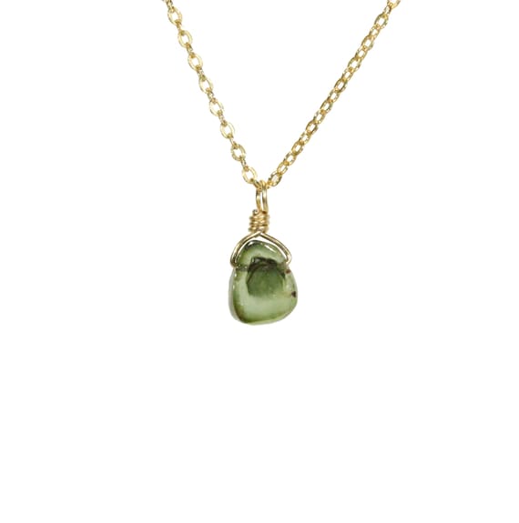 Tourmaline necklace, green tourmaline jewelry, healing crystal necklace, boho necklace, a tiny slice of tourmaline on 14k gold filled chain