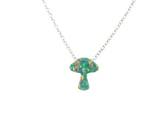 Opal Mushroom Necklace, Green Shroom Pendant, Sterling Silver Chain