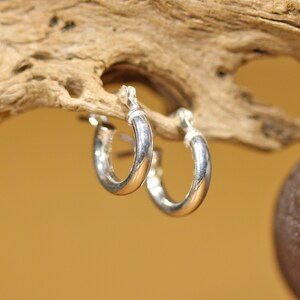 May include: A pair of silver hoop earrings. The earrings are small and simple, with a smooth, polished finish.