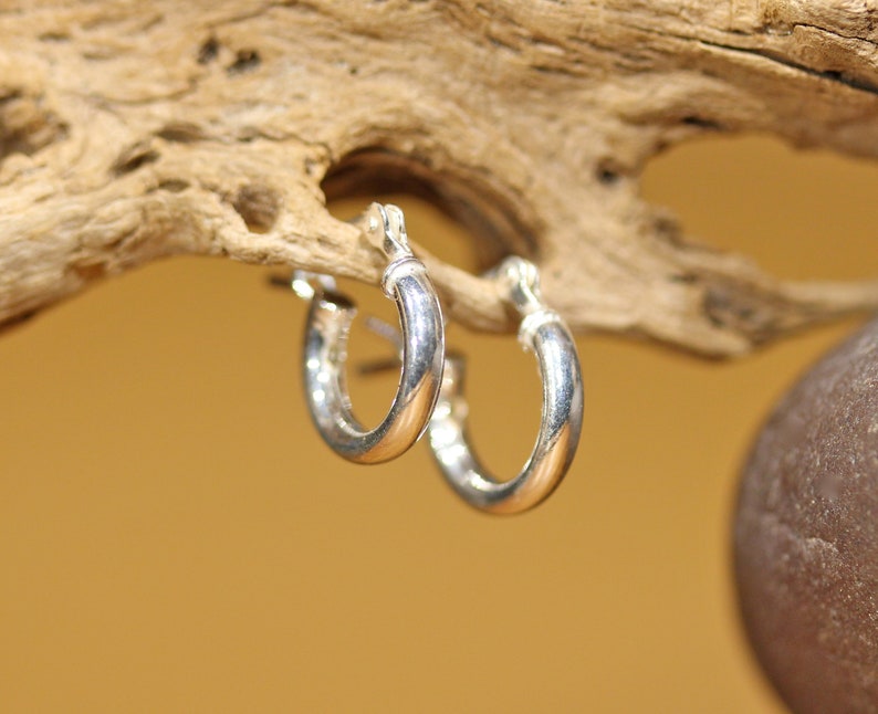 May include: A pair of silver hoop earrings. The earrings are small and simple, with a smooth, polished finish.