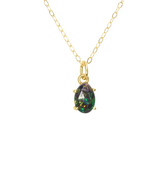 Black opal necklace, fire opal pendant, October birthstone jewelry, fancy opal necklace, genuine opal on a 14k gold filled chain