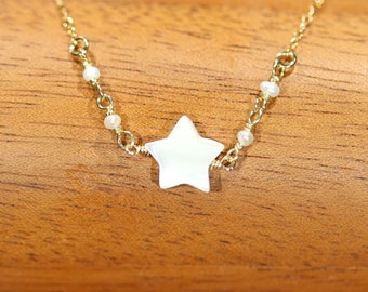 Star and pearl necklace, mother of pearl pendant, once upon a star, wedding necklace, dainty necklace, shell necklace, beaded pearl chain