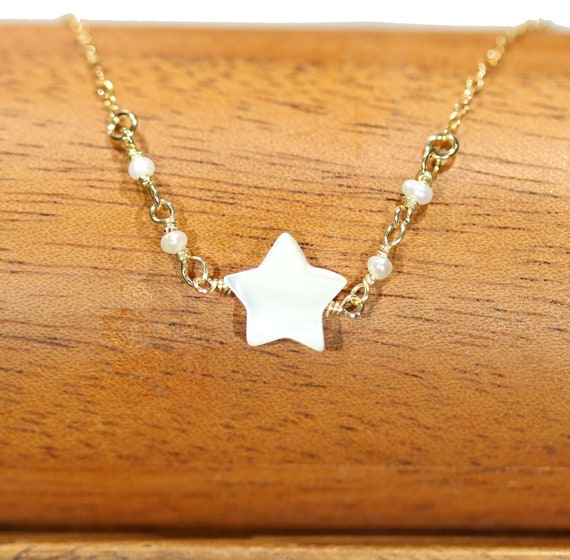 Star and pearl necklace, mother of pearl pendant, once upon a star, wedding necklace, dainty necklace, shell necklace, beaded pearl chain