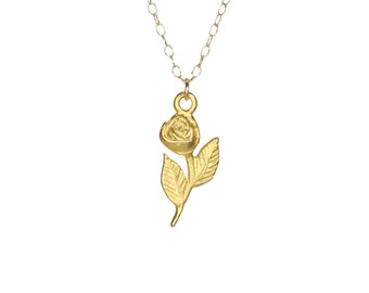Rose Stem Necklace: Floral Bud Pendant, Dainty 14K Gold Filled Chain