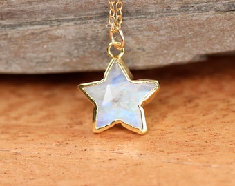 Moonstone Star Necklace: Rainbow Iridescent Celestial Pendant, Dainty 14K Gold Filled Chain