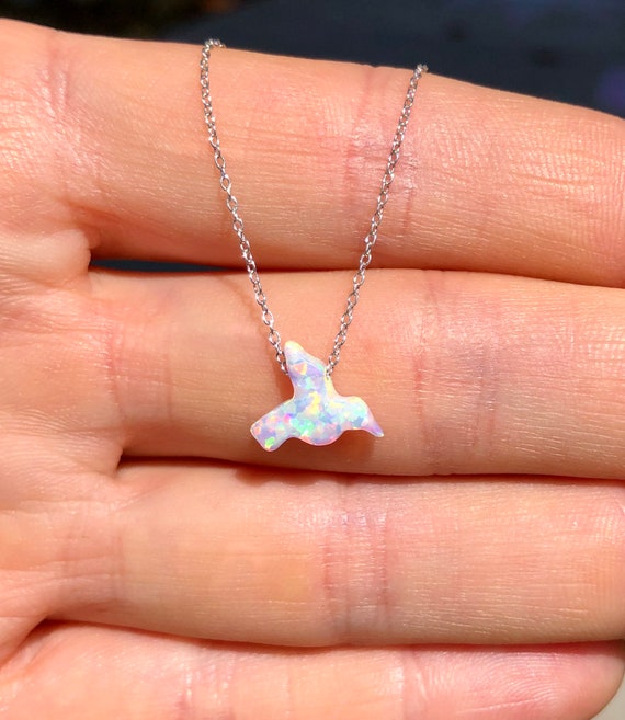 Opal hummingbird necklace, opal necklace, opal bird jewelry, dove silver necklace, gift for her, layering necklace