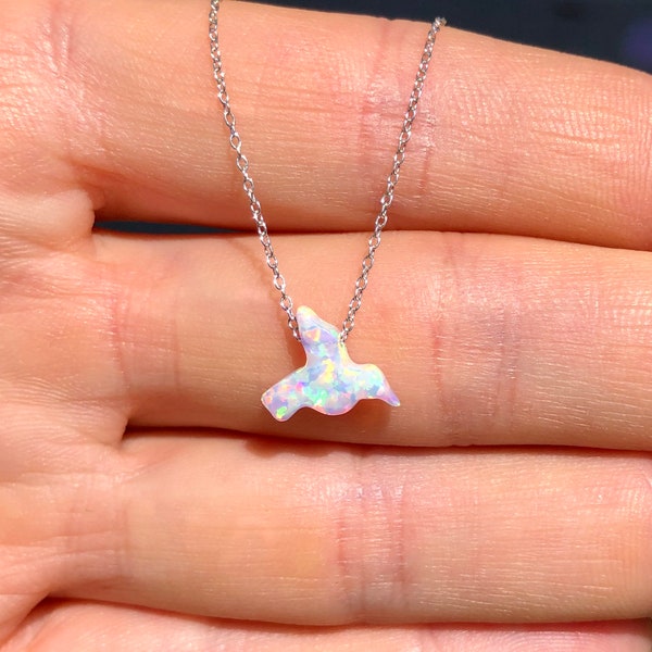 Opal hummingbird necklace, opal necklace, opal bird jewelry, dove silver necklace, gift for her, layering necklace