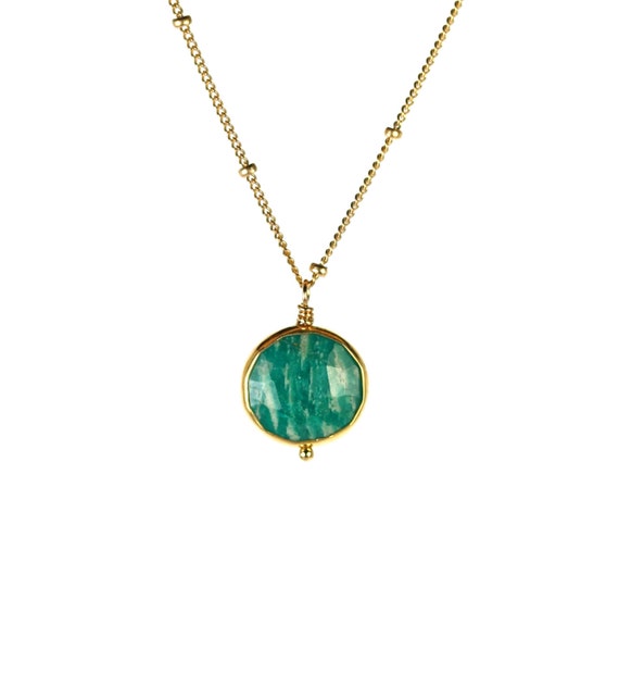Amazonite necklace,  green crystal circle pendant, chakra necklace, dainty gold necklace for her