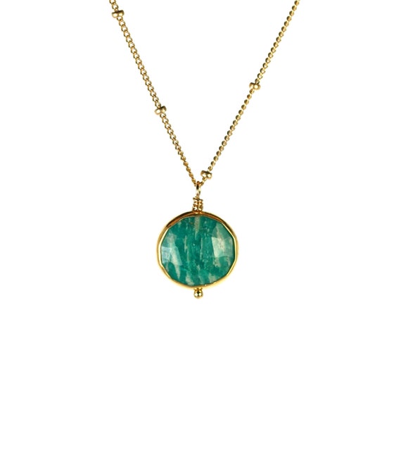 Green amazonite necklace - gold bezel set - gemstone necklace - green crystal necklace - 14k gold vermeil chain