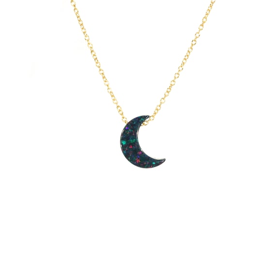 Crescent moon necklace, dainty opal moon jewelry, black moon necklace, celestial, fire opal, black opal moon on a 14k gold filled chain