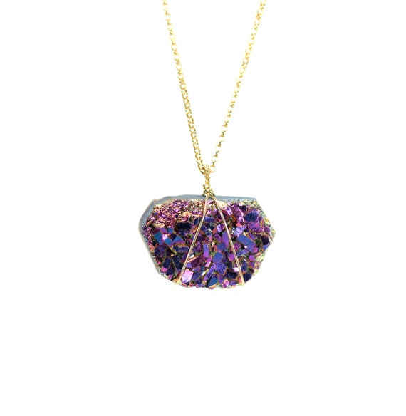 Druzy necklace, titanium aura crystal necklace, amethyst necklace, raw crystal pendant, a purple crystal on 14k gold filled chain