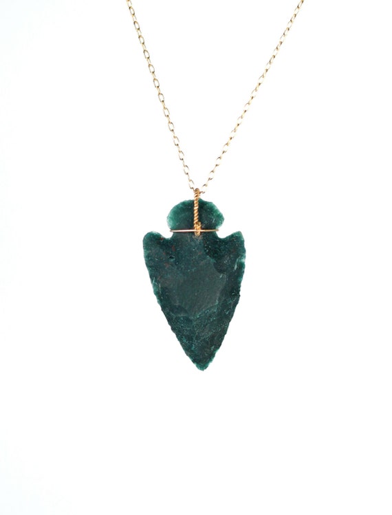 Arrowhead necklace - stone arrowhead - spear necklace - bloodstone necklace - a raw green arrowhead wire wrapped onto 14k gold vermeil chain