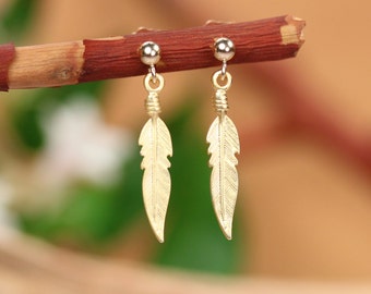 Gold feather earrings - bohemian earrings - feather stud earrings - feather jewelry - hippie earrings - gold stud earrings - gift under 25