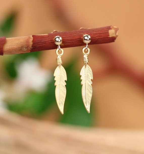 Gold feather earrings - bohemian earrings - feather stud earrings - feather jewelry - hippie earrings - gold stud earrings - gift under 25