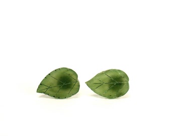 Leaf earrings - leaf studs - jade earrings - nature - green leaf earrings - green leaves - a pair of carved jade leaf stud earrings