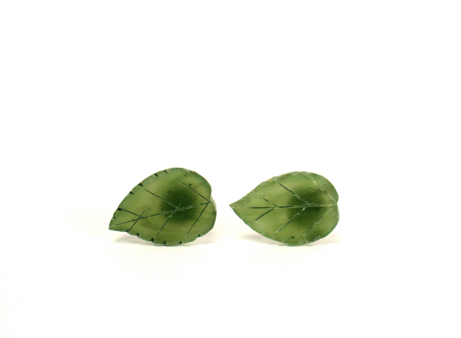 Leaf earrings - leaf studs - jade earrings - nature - green leaf earrings -  green leaves - a pair of carved jade leaf stud earrings