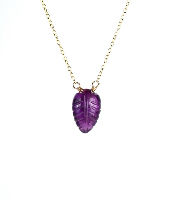 Amethyst necklace , crystal leaf necklace, nature necklace, February birthstone pendant, a carved amethyst leaf, purple crystal necklace