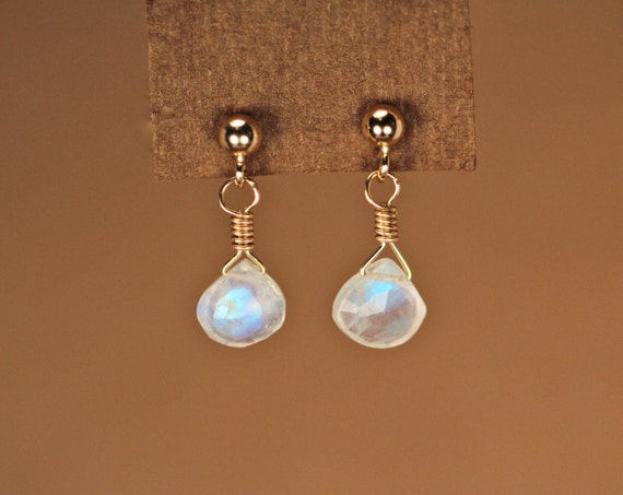 Moonstone earrings - gold moonstone stud earrings - rainbow moonstone - drop earrings - june birthstone - bridal jewelry