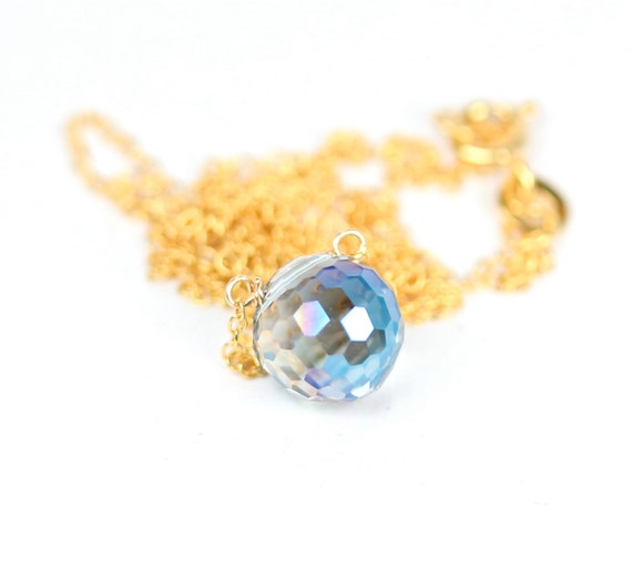 Fortune teller necklace, orb crystal ball necklace, rainbow crystal necklace, crystal globe, a blue crystal drop on a 14k gold filled chain