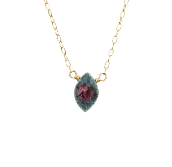 Ruby necklace, crystal necklace, dainty gold necklace, tiny crystal pendant, a marquis ruby zoisite on a 14k gold filled chain