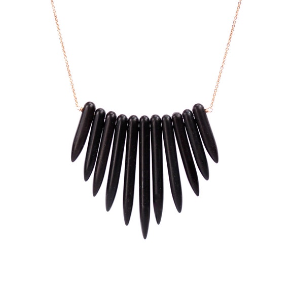 Black spike necklace, bib necklace, little black dress necklace, goth necklace, black wand necklace, a row of black wands, bar necklace