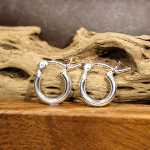 May include: A pair of silver hoop earrings. The earrings are small and have a simple design.