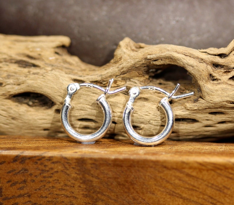 May include: A pair of silver hoop earrings. The earrings are small and have a simple design.