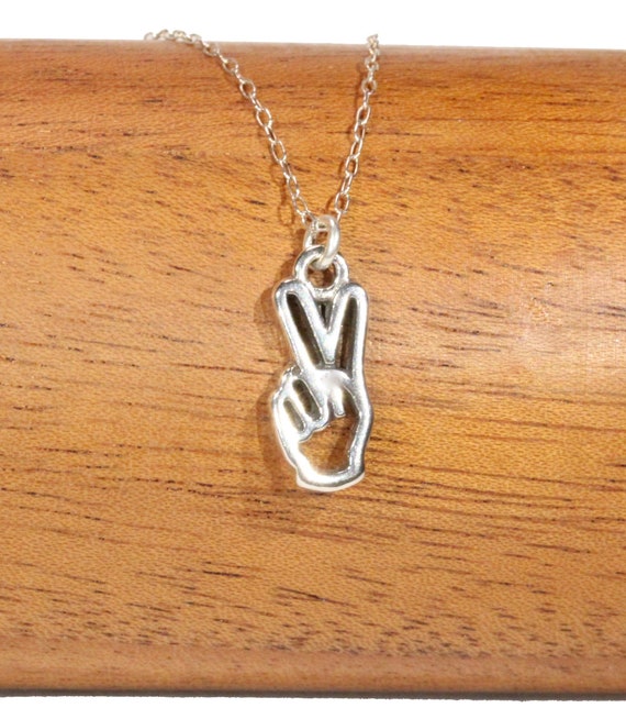 Peace sign necklace, silver peace hand necklace, peace fingers, peace symbol pendant, hipster necklace, good vibes, silver hand