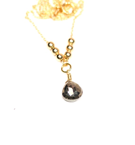 Pyrite necklace, elegant necklace, gold teardrop gemstone, Y necklace, healing stone jewelry, lariat necklace, layering necklace