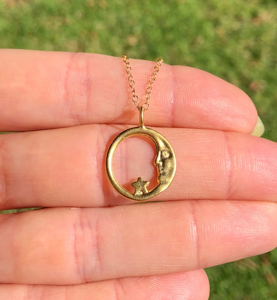 Moon necklace - sun moon and star - moon and star necklace - a gold vermeil moon and star hoop hanging on a 14k gold vermeil chain