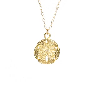 Gold sand dollar necklace, delicate necklace, a dainty 14k gold vermeil sand dollar hanging from a 14k gold filled chain