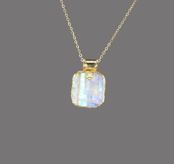 Moonstone necklace, June birthstone necklace, rainbow moonstone pendant, flashy crystal necklace, 14k gold filled chain