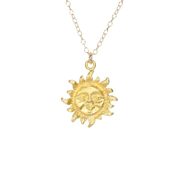 Sun necklace, smiling sunshine necklace, gold sun pendant, you are my sunshine, celestial, a gold vermeil sun on a 14k gold filled chain