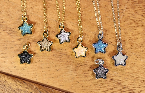 Tiny star necklace, druzy star charm, gold star pendant,  sparkly star druzy jewelry, twinkly crystal necklace, 14k gold filled chain