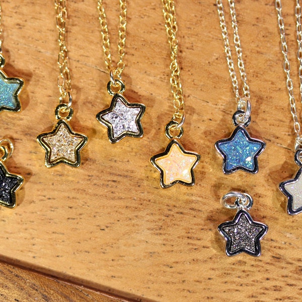 Tiny star necklace, druzy star charm, gold star pendant,  sparkly star druzy jewelry, twinkly crystal necklace, 14k gold filled chain