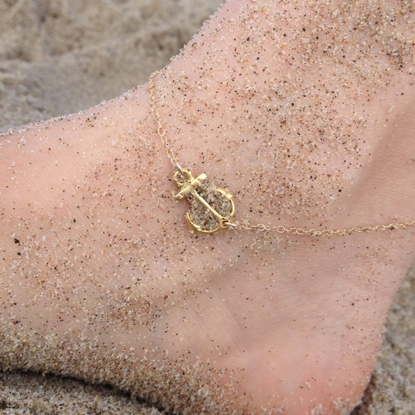 Gold anklet - anchor anklet - nautical anklet - summer anklet - sailor - a gold vermeil anchor on a 14k gold filled chain