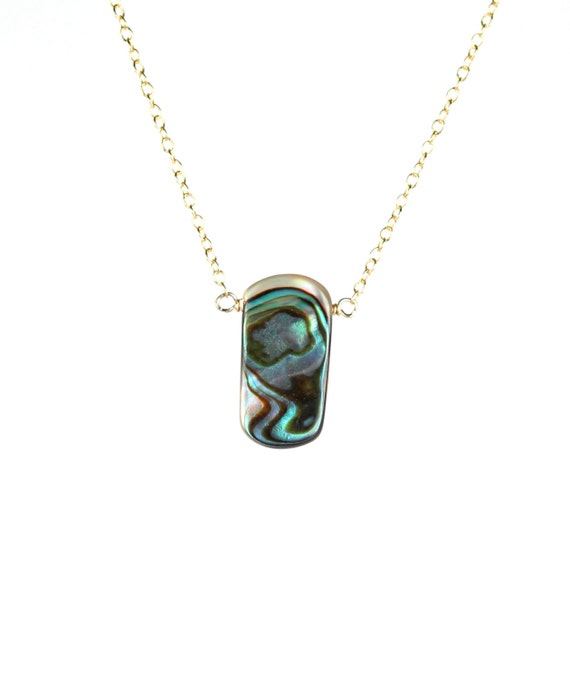 Abalone necklace - shell necklace - rectangle necklace - shell necklace - a wire wrapped abalone shell on a 14k gold vermeil chain