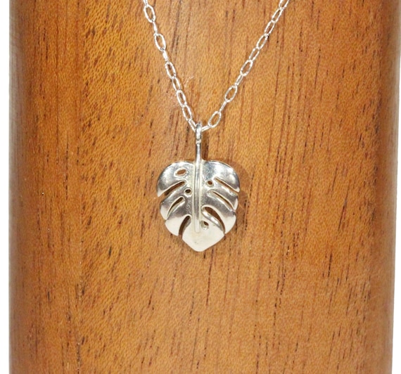 Monstera Leaf Necklace in sterling silver, tropical jungle leaf pendant, palm tree necklace, dainty necklace, green thumb, gift for her